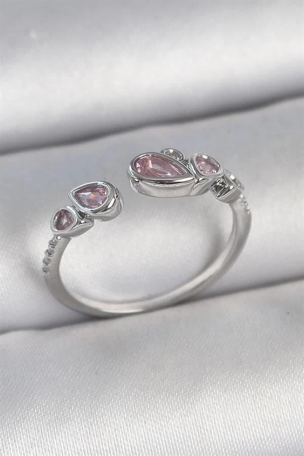 Pirinç Gümüş Renk Pembe Damla Zirkon Taşlı Ayarlanabilir Model Kadın Yüzük