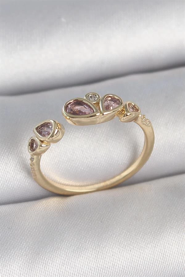 Pirinç Gold Renk Pembe Damla Zirkon Taşlı Ayarlanabilir Kadın Yüzük
