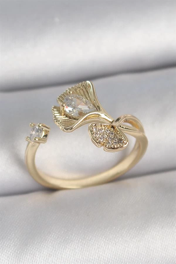 Pirinç Gold Renk Zirkon Taşlı Deniz Kabuğu Model Ayarlanabilir Kadın Yüzük