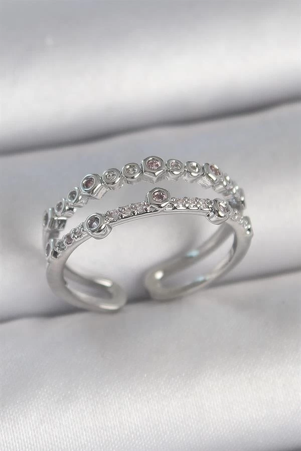 Pirinç Gümüş Renk 2'li Zirkon Taşlı Ayarlanabilir Model Kadın Yüzük