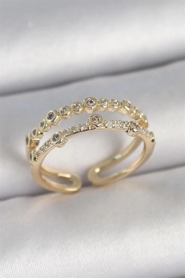 Pirinç Gold Renk 2'li Sıralı Zirkon Taşlı Ayarlanabilir Model Kadın Yüzük