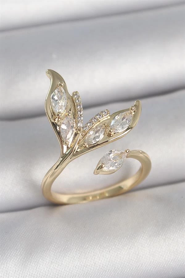 Pirinç Gold Renk Zirkon Taşlı Balık Kuyruğu Model Ayarlanabilir Model Kadın Yüzük