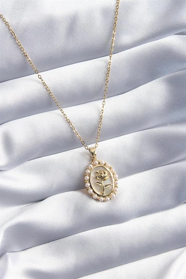 316l Çelik Gold Renk Gül Model İnci Detay Kadın Kolye