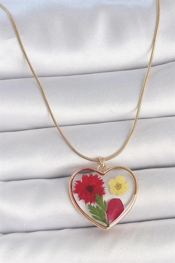 316l Çelik Gold Renk Zincir Epokis Kalp Doğal Çiçek Model Kadın Kolye