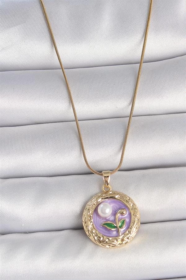 316l Çelik Gold Renk Zincir Mor Çiçek İşlemeli İnci Detay Potre Model Kadın Kolye