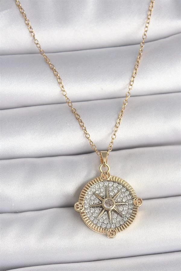 316l Çelik Gold Renk Zirkon Taşlı Pusula Model Kadın Kolye