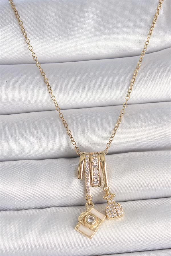 316l Çelik Gold Renk Zirkon Taşlı Sallantı Fotoğraf Makinası Figür Charm Kadın Kolye