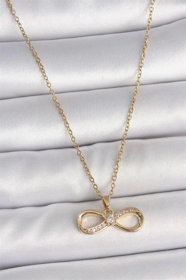 316l Çelik Gold Renk Zincir Zirkon Taşlı Sonsuzluk Model Kadın Kolye