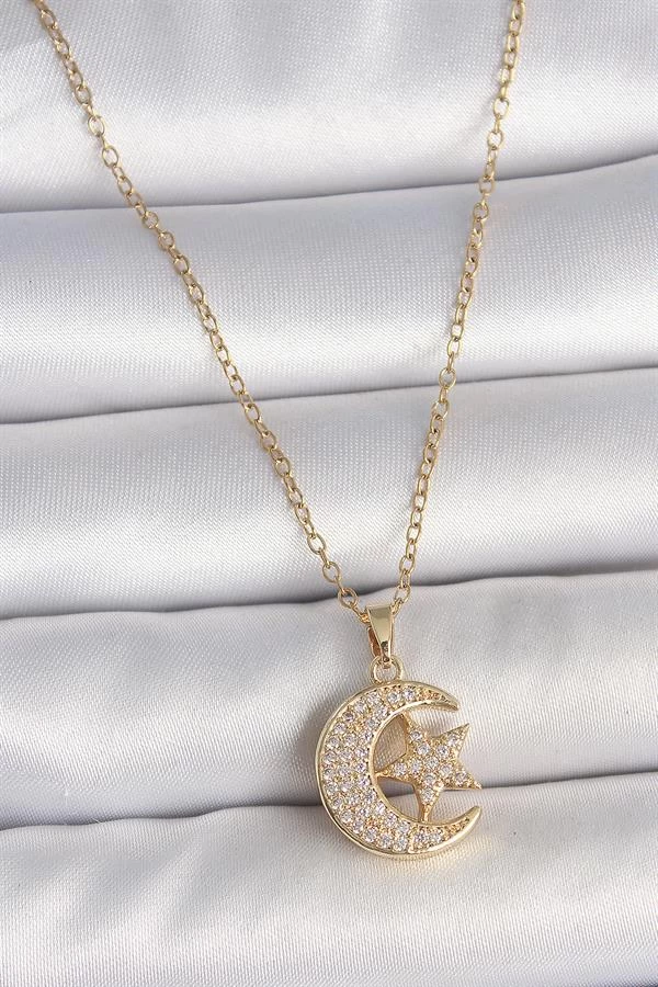 316l Çelik Gold Renk Zincir Zirkon Taşlı Ay Yıldız Model Kadın Kolye