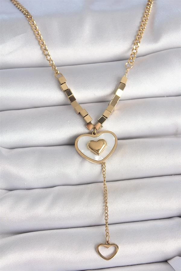 316l Çelik Gold Renk Zincir Beyaz Mineli Kalp Figür Sallantı Detay Kadın Kolye