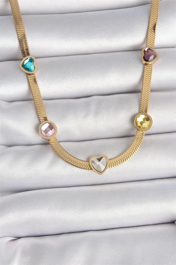 316l Çelik Gold Renk İtalyan Zincir Renkli Zirkon Taşlı Kalp Figür Kadın Kolye