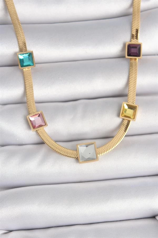 316l Çelik Gold Renk İtalyan Zincir Model Kare Renkli Zirkon Taşlı Kadın Kolye