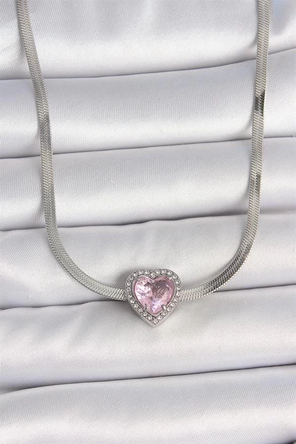 316l Çelik Gümüş Renk İtalyan Zincir Pembe Zirkon Taşlı Kalp Model Kadın Kolye