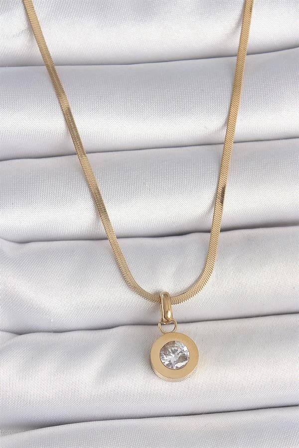 316l Çelik Gold Renk İtalyan Zincir Sallantı Zirkon Taş Model Kadın Kolye