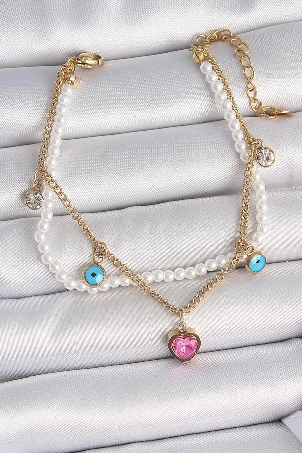 316l Çelik Gold Renk 2'li İncili Zincir Sallantı Pembe Kalp Model Nazar Boncuk Detay Kadın Bileklik