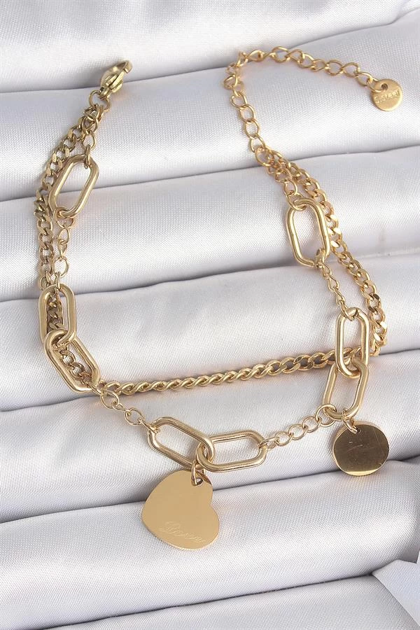 316l Çelik Gold Renk 2'li Zincir Model Sallantı Kalp Figür Kadın Bileklik