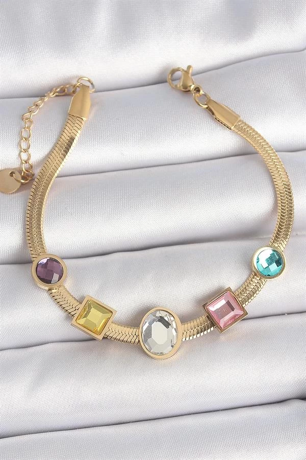 316l Çelik Gold Renk İtalyan Zincir Renkli Zirkon Taşlı Kadın Bileklik