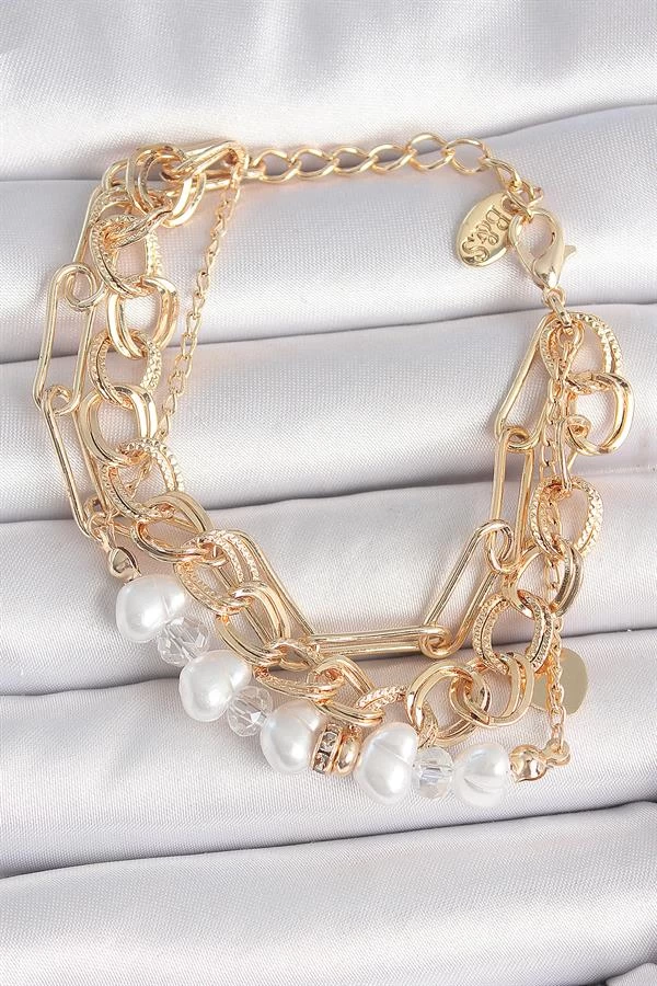 Pirinç Gold Renk Çoklu Zincir Model İncilli Zirkon Taş Detay Kadın Bileklik