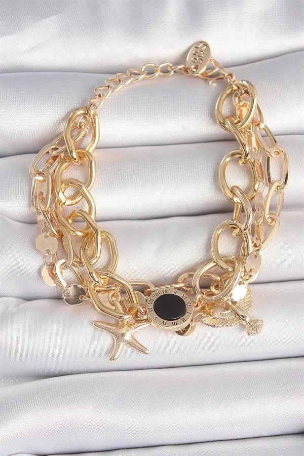 Pirinç Gold Renk Çoklu Zincir Model Deniz Yıldız Figür Kadın Bileklik