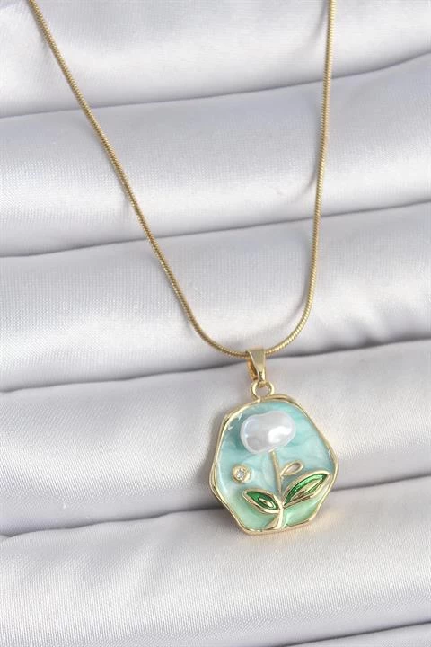 316l Çelik Gold Renk Zincir Mavi Çiçek İşlemeli İnci İşlemeli Portre Model Kadın Kolye