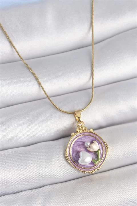 316l Çelik Gold Renk Zincir Mor Mineli İncili Çiçek İşlemeli Portre Model Kadın Kolye