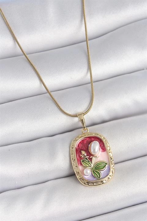 316l Çelik Gold Renk Zincir Mix Renk İncili Çiçek İşlemeli Portre Model Kadın Kolye