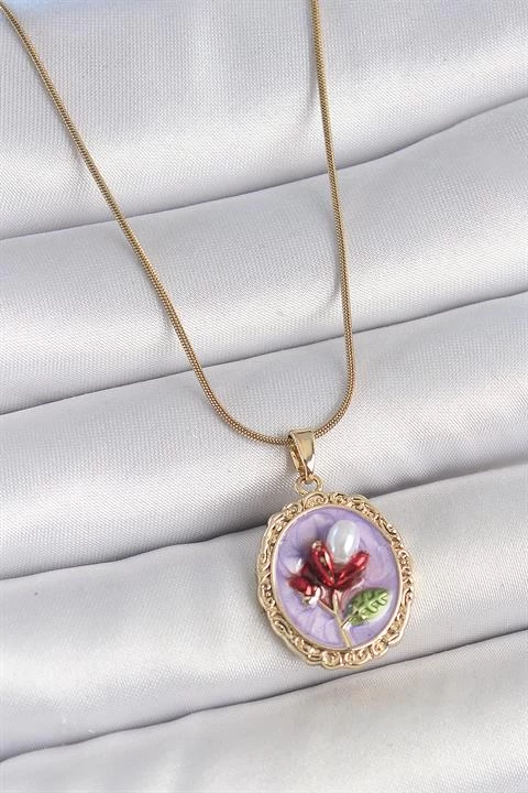 316l Çelik Gold Renk Zincir Mor Mineli İncili Çiçek İşlemeli Portre Model Kadın Kolye