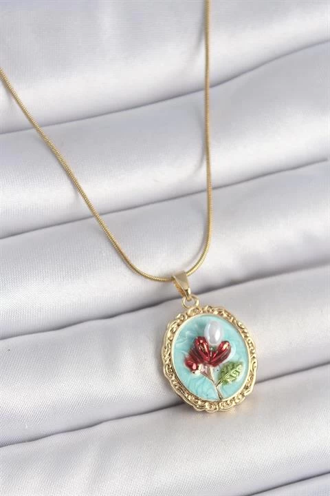 316l Çelik Gold Renk Zincir Turkuaz Mineli İncili Çiçek İşlemeli Portre Model Kadın Kolye