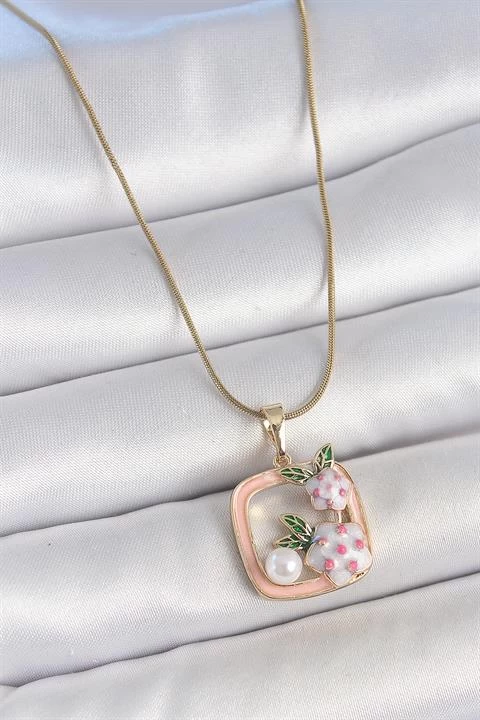316l Çelik Gold Renk Zincir Pembe Mineli Kare Model Çiçek İşlemeli İnci Detay Kadın Kolye