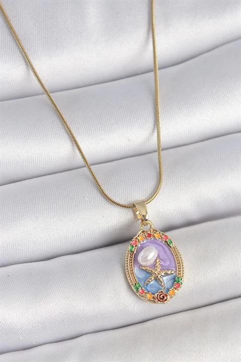 316l Çelik Gold Renk Zincir Mix Renk Deniz Yıldız İşlemeli Renki Çiçek Detay Portre Model Kadın Kolye