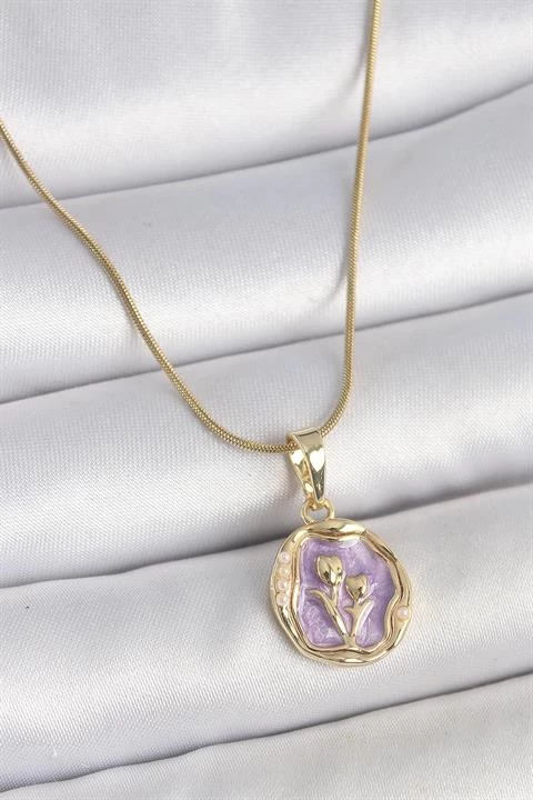 316l Çelik Gold Renk Zincir Mor Mineli Çiçek İşlemeli Portre Model Kadın Kolye