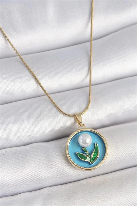 316l Çelik Gold Renk Zincir Mavi Mineli İncili Çiçek İşlemeli Portre Model Kadın Kolye