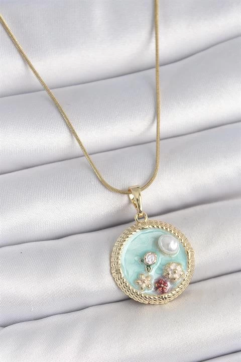 316l Çelik Gold Renk Zincir Mavi Mineli İnci Çiçek İşlemeli Zirkon Taş Detaylı Madalyon Model Kadın Kolye