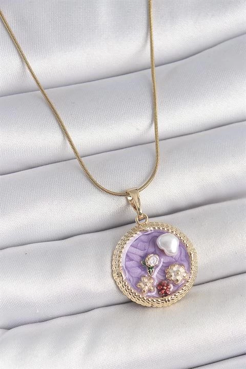 316l Çelik Gold Renk Zincir Mor Mineli İncili Çiçek İşlemeli Madalyon Model Kadın Kolye