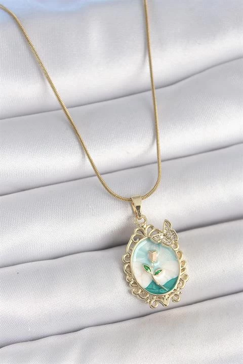 316l Çelik Gold Renk Zincir Mavi Mineli Çiçek İşlemeli Zirkon Taş Detaylı Portre Model Kadın Kolye