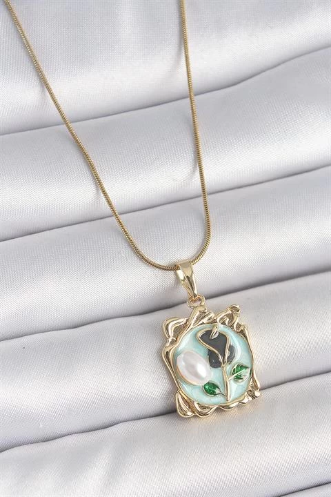 316l Çelik Gold Renk Zincir Mavi Mineli Çiçek İşlemeli İnci Detay Portre Model Kadın Kolye