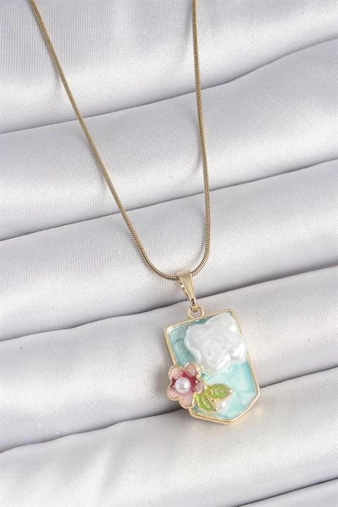 316l Çelik Gold Renk Zincir Mavi Mineli İncili Çiçek İşlemeli Portre Model Kadın Kolye