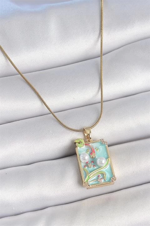 316l Çelik Gold Renk Zincir Mavi Mineli İncili Çiçek İşlemeli Portre Model Kadın Kolye