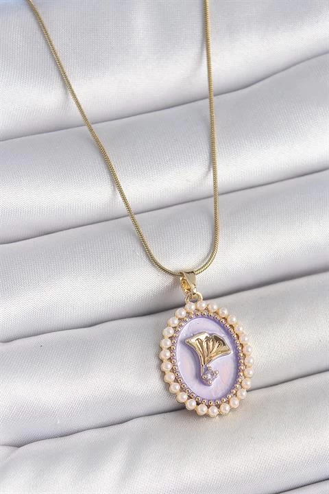 316l Çelik Gold Renk Zincir Mor Mineli İncili Zirkon Taşlı Çiçek İşlemeli Portre Model Kadın Kolye