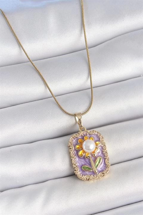 316l Çelik Gold Renk Zincir Mor Mineli İncili Papatya İşlemeli Portre Model Kadın Kolye