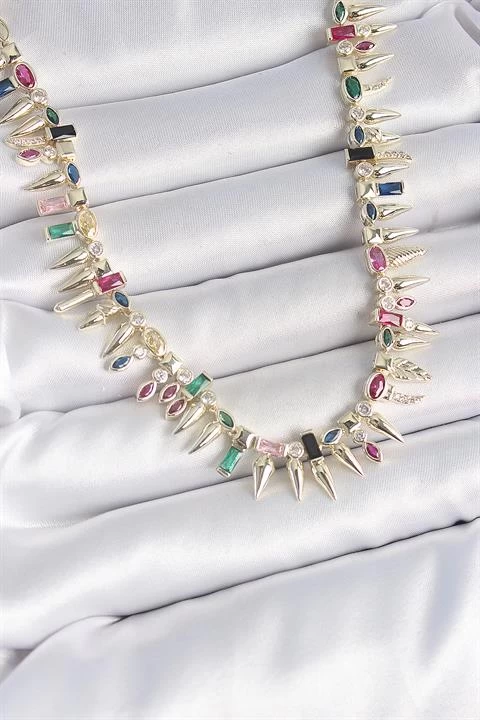 Pirinç Gold Renk Zirkon Taşlı Diken Model Vip Seri Kadın Kolye