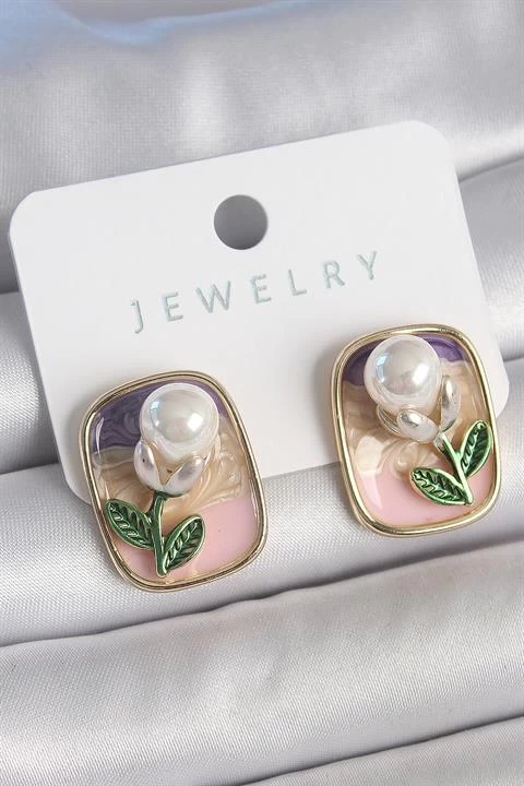 Pirinç Gold Renk Mix Renk Mineli İncili Çiçek Model Portre Model Kadın Küpe