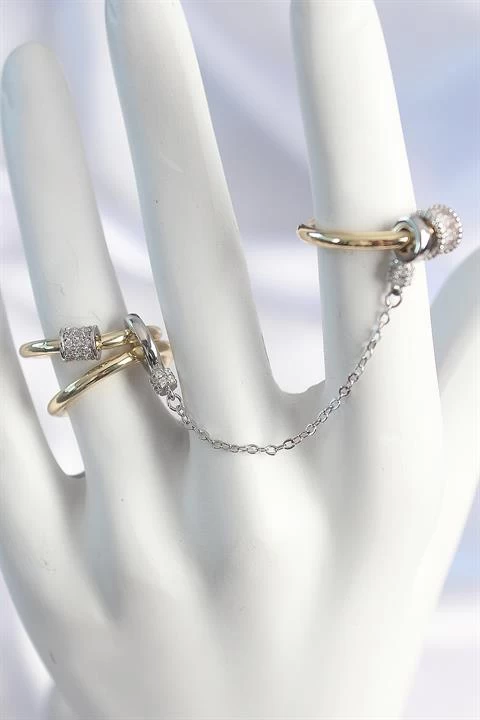 Pirinç Mix Renk Zirkon Taşlı Zincir Kadın Yüzük Seti