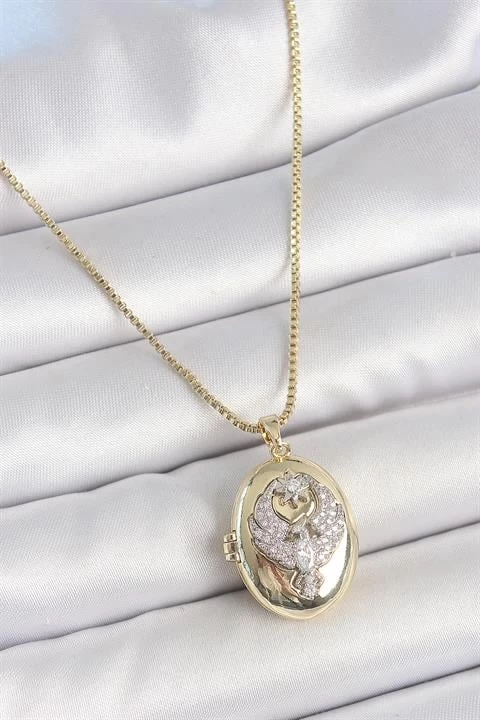 316l Çelik Gold Renk Zincir Zirkon Taşlı Anka Kuşu İşlemeli Açılır Model Kadın Kolye