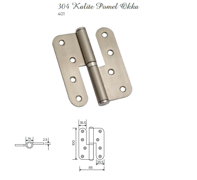 YÜksel 10 Cm Paslanmaz Pomel Okka Sol MenteŞe