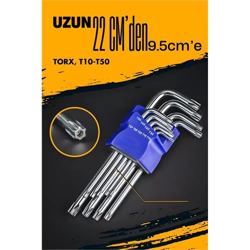 Modacar Uzun Torx Anahtar Seti Yıldız Alyan Seti - Torx Allen Anahtarı 9 Parça