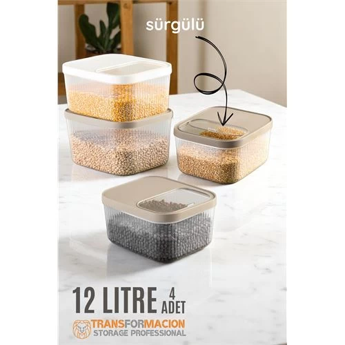 Modacar Erzak Bakliyat Kutusu Sürgülü Kapak Saklama Kabı 12 Litre 4 Adet