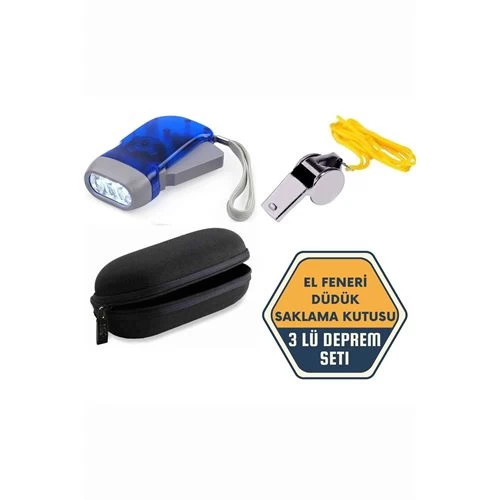 Modacar Saklama Kutulu Deprem Seti Pilsiz El Feneri Düdük  3'lü Deprem Kiti