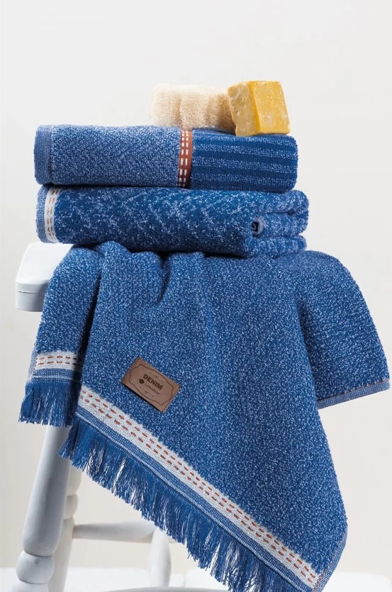Cotton Box 3'lü Jakarlı Havlu Seti Denim Mavi 50x90