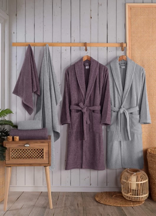 Nevresim Dünyası  Bornoz Seti Alfa Mürdüm-gri